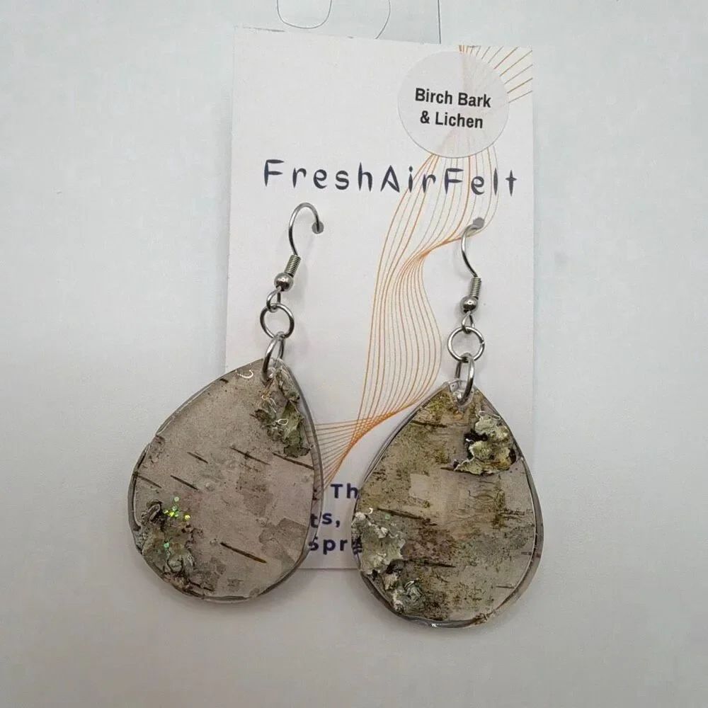 Birch Bark & lichen Unique hand crafted Resin Stainless drop steel earrings
